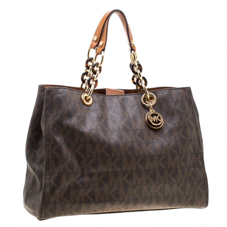 Pre Owned MICHAEL Michael Kors Brown Signature Coated Canvas Medium Cynthia Tote