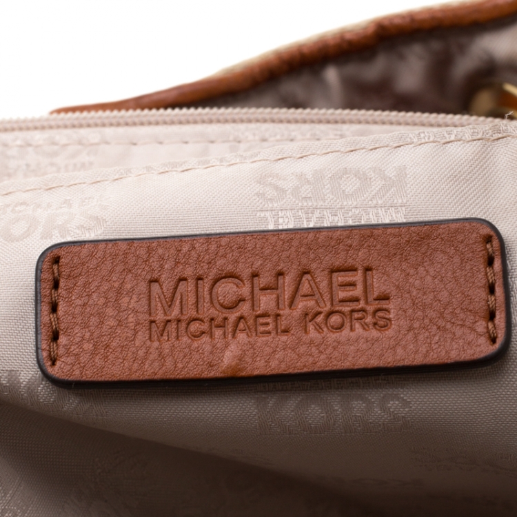 Pre Owned MICHAEL Michael Kors Beige/Brown Signature Canvas and Leather Ring Tassel Tote