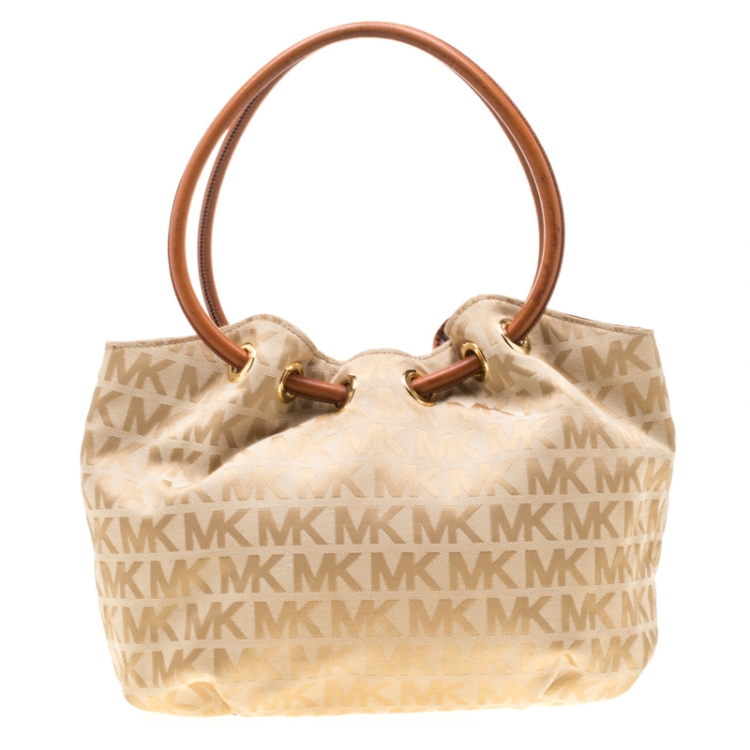 Pre Owned MICHAEL Michael Kors Beige/Brown Signature Canvas and Leather Ring Tassel Tote