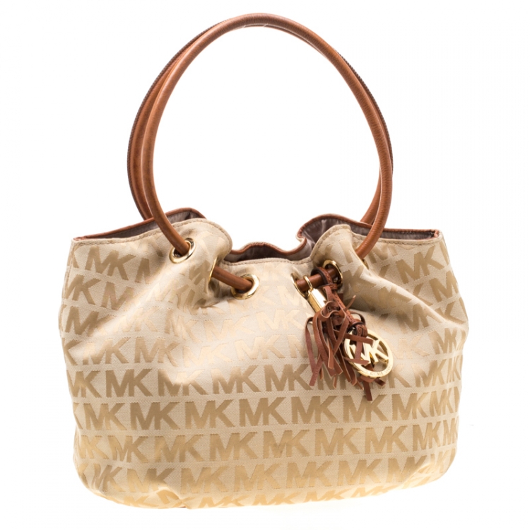 Pre Owned MICHAEL Michael Kors Beige/Brown Signature Canvas and Leather Ring Tassel Tote