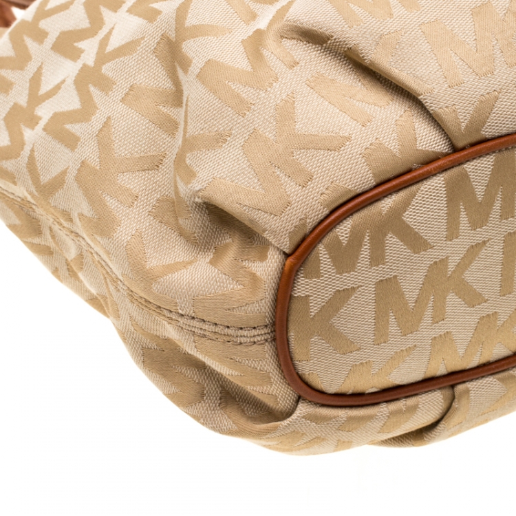 Pre Owned MICHAEL Michael Kors Beige/Brown Signature Canvas and Leather Ring Tassel Tote