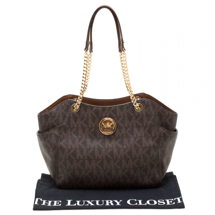 Pre Owned MICHAEL Michael Kors Brown Signature Coated Canvas  Chain Tote