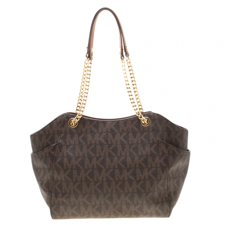 Pre Owned MICHAEL Michael Kors Brown Signature Coated Canvas  Chain Tote