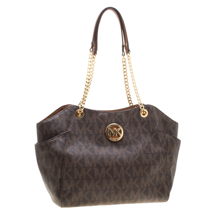 Pre Owned MICHAEL Michael Kors Brown Signature Coated Canvas  Chain Tote