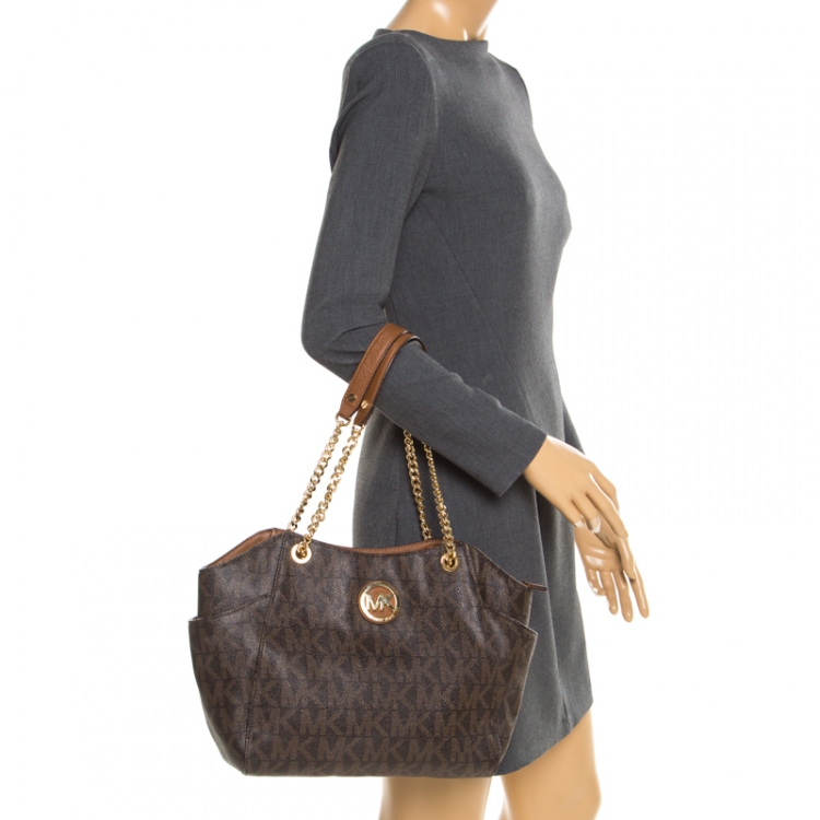 Pre Owned MICHAEL Michael Kors Brown Signature Coated Canvas  Chain Tote