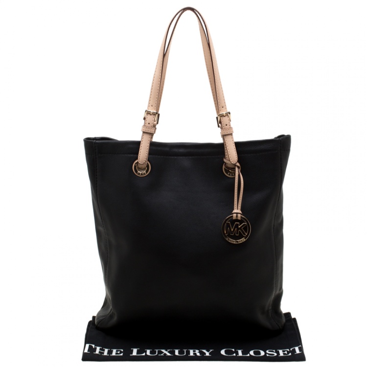 Pre Owned MICHAEL Michael Kors Black/Beige Leather Jet Set North South Tote