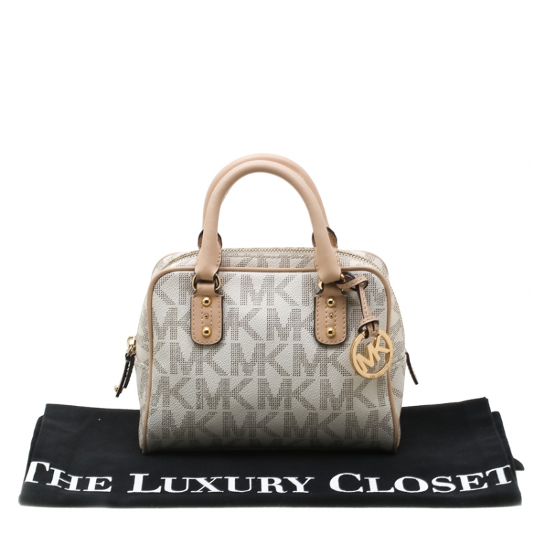 Pre Owned MICHAEL Michael Kors Beige Signature PVC and Leather Mini Luggage Sacthel 