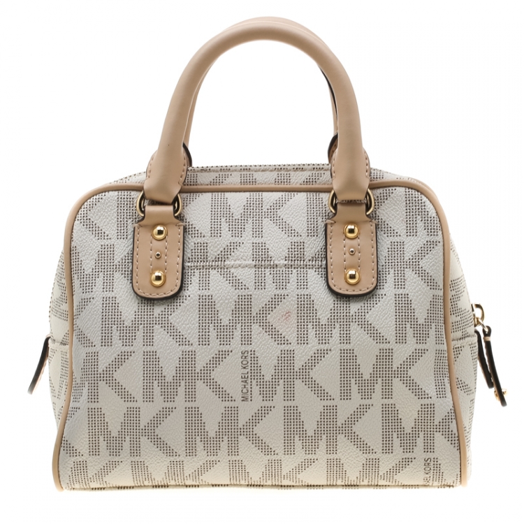 Pre Owned MICHAEL Michael Kors Beige Signature PVC and Leather Mini Luggage Sacthel 