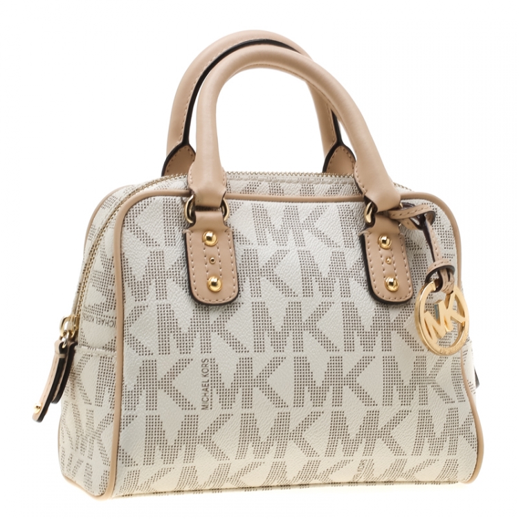 Pre Owned MICHAEL Michael Kors Beige Signature PVC and Leather Mini Luggage Sacthel 