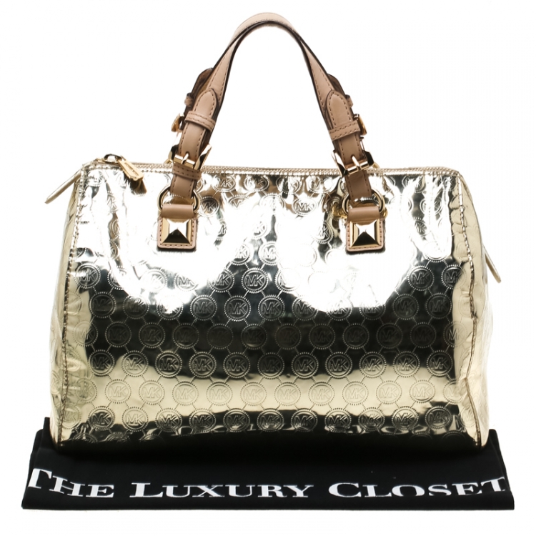 Pre Owned Michael Micahel Kors Metallic Gold Mirror Signature Leather Large Grayson Satchel 