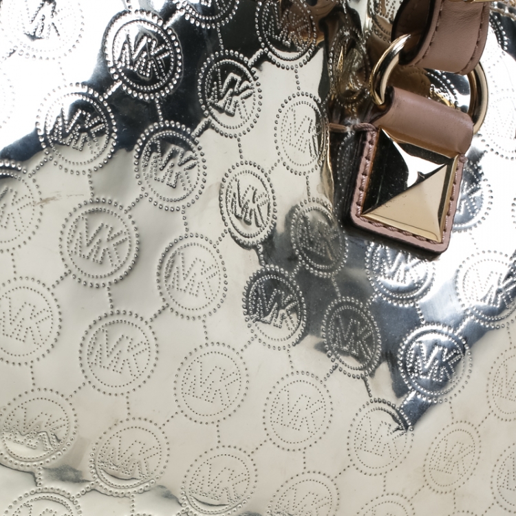 Pre Owned Michael Micahel Kors Metallic Gold Mirror Signature Leather Large Grayson Satchel 