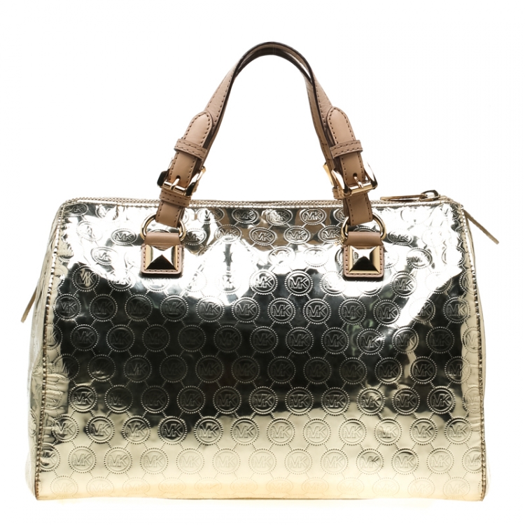 Pre Owned Michael Micahel Kors Metallic Gold Mirror Signature Leather Large Grayson Satchel 