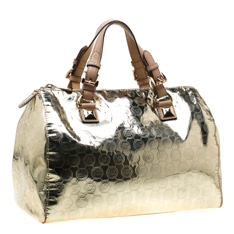 Pre Owned Michael Micahel Kors Metallic Gold Mirror Signature Leather Large Grayson Satchel 