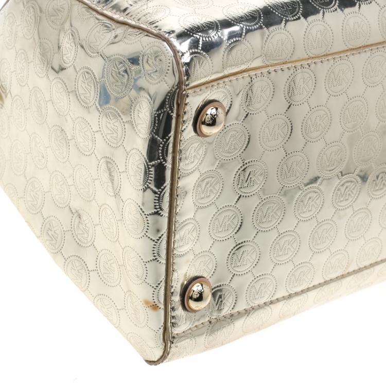 Pre Owned Michael Micahel Kors Metallic Gold Mirror Signature Leather Large Grayson Satchel 