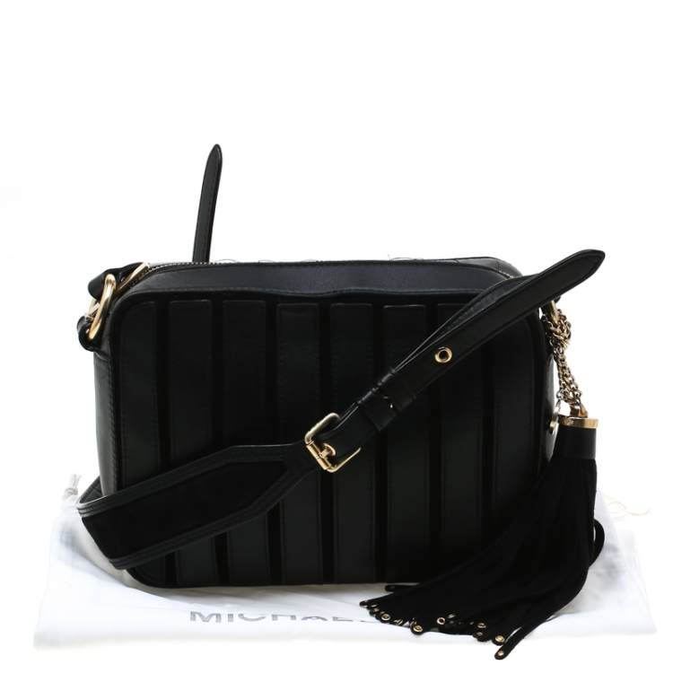 Pre Owned MICHAEL Michael Kors Black Leather Brooklyn Stripe Camera Crossbody Bag