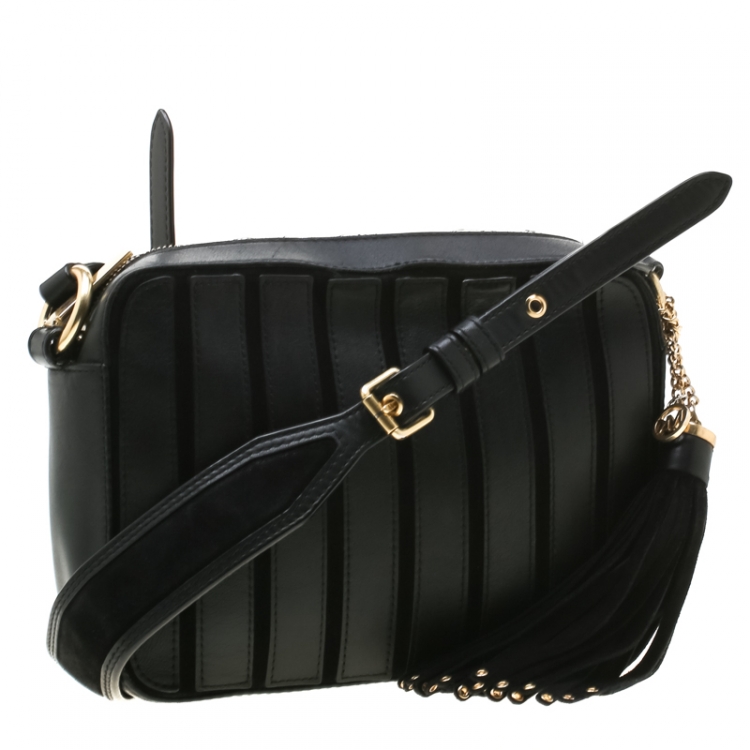 Pre Owned MICHAEL Michael Kors Black Leather Brooklyn Stripe Camera Crossbody Bag