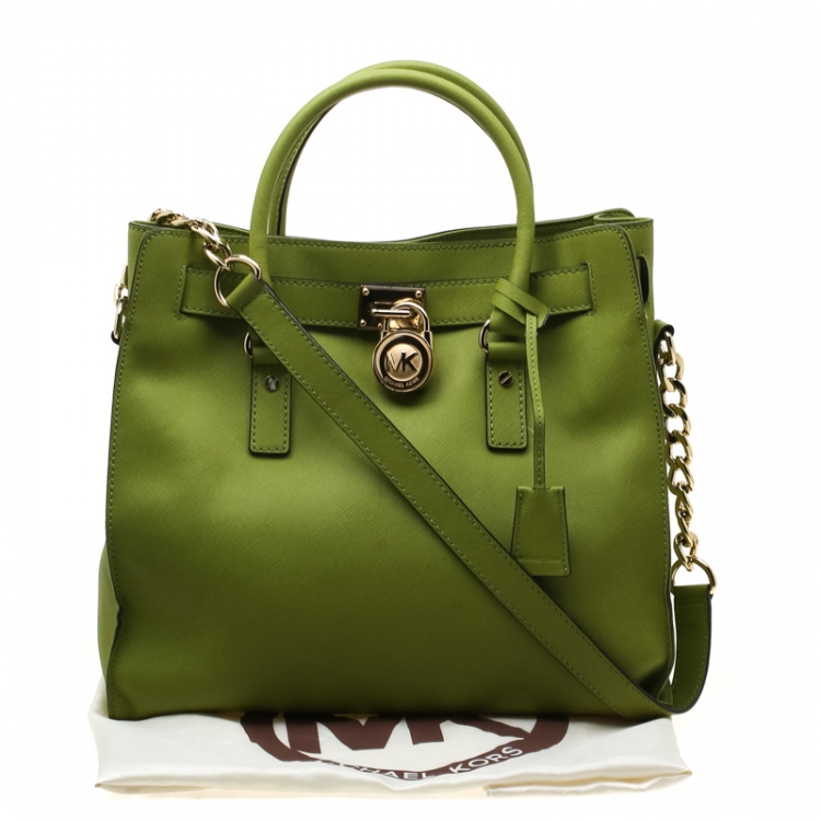 Pre Owned Michael Michael Kors Green Leather East West Hamilton Tote