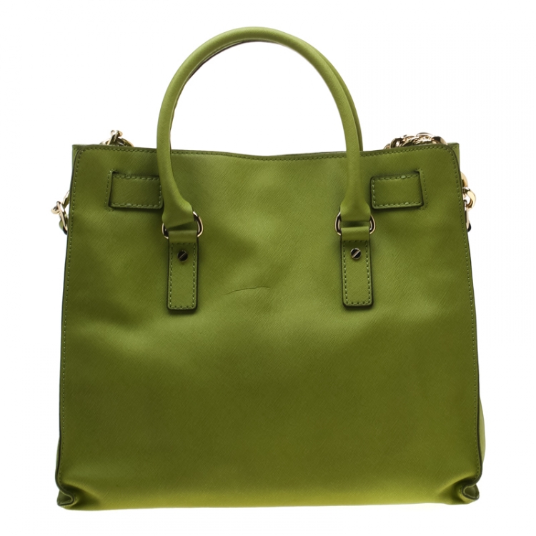 Pre Owned Michael Michael Kors Green Leather East West Hamilton Tote