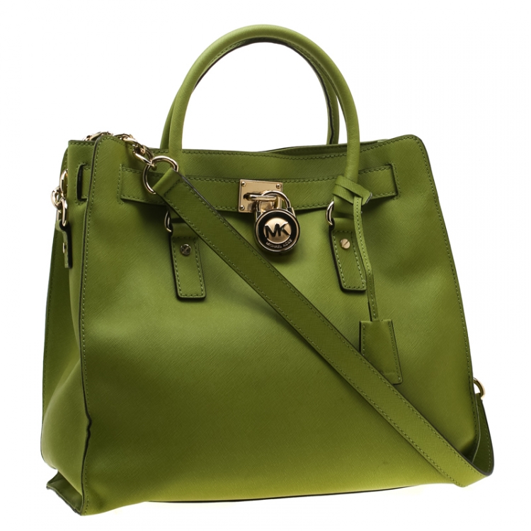 Pre Owned Michael Michael Kors Green Leather East West Hamilton Tote