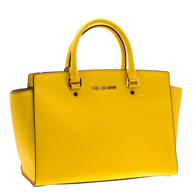 Pre Owned MICHAEL Michael Kors Yellow Saffiano Leather Large Selma Satchel