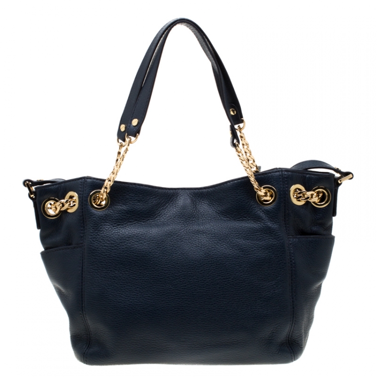 Pre Owned MICHAEL Michael Kors Navy Blue Leather Gather Chain Tote 