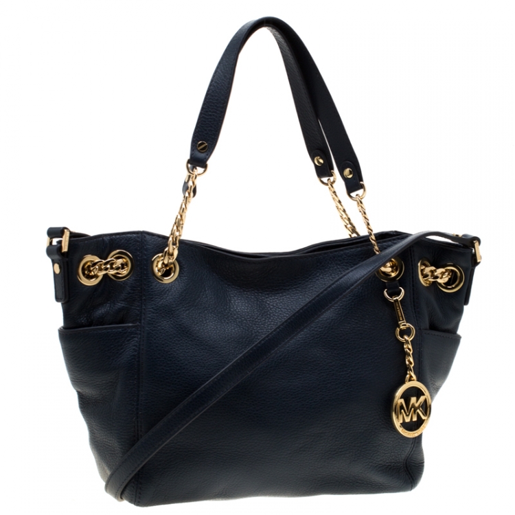 Pre Owned MICHAEL Michael Kors Navy Blue Leather Gather Chain Tote 