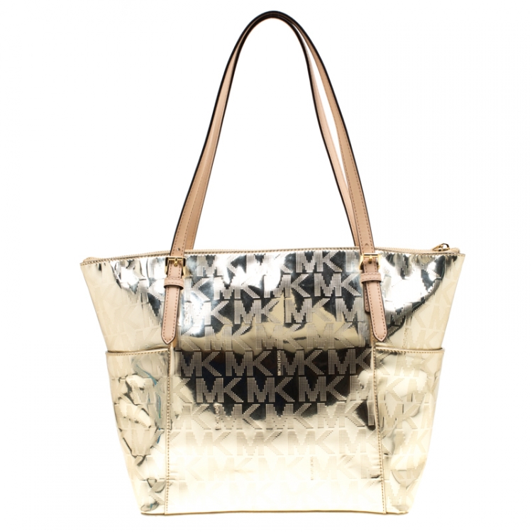 Pre Owned Michael Michael Kors Gold Signature Patent Leather Jet Set Top Zip Tote