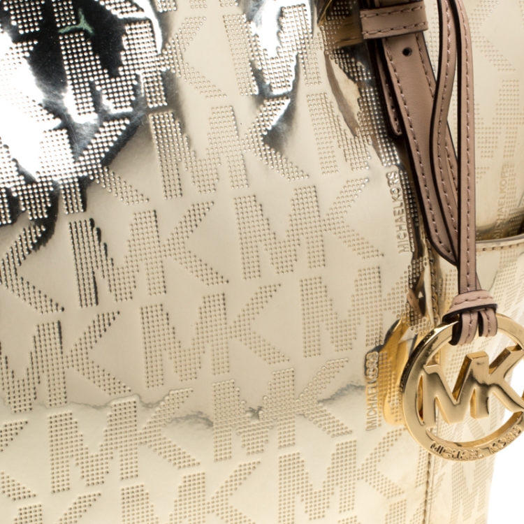 Pre Owned Michael Michael Kors Gold Signature Patent Leather Jet Set Top Zip Tote
