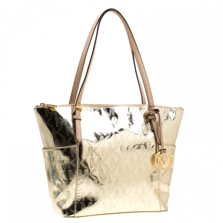 Pre Owned Michael Michael Kors Gold Signature Patent Leather Jet Set Top Zip Tote