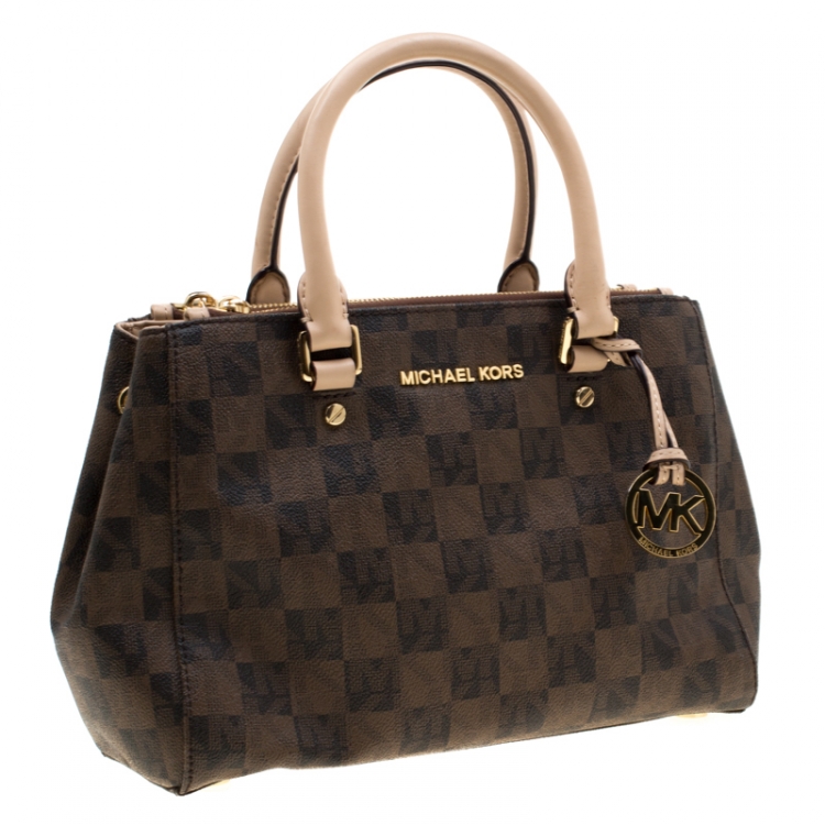 Pre Owned MICHAEL Michael Kors Brown Checkboard Coated canvas Sutton Satchel