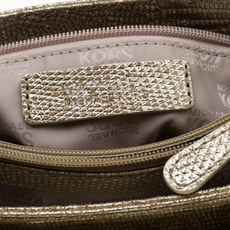 Pre Owned MICHAEL Michael Kors Metallic Gold Lizard Embossed Leather Turnlock Crossbody Bag