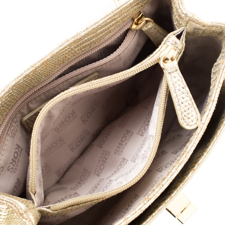 Pre Owned MICHAEL Michael Kors Metallic Gold Lizard Embossed Leather Turnlock Crossbody Bag