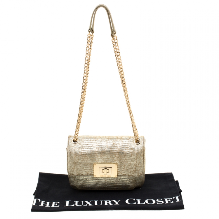 Pre Owned MICHAEL Michael Kors Metallic Gold Lizard Embossed Leather Turnlock Crossbody Bag