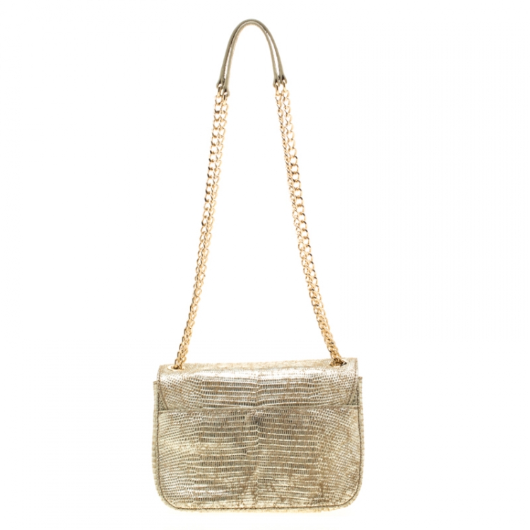 Pre Owned MICHAEL Michael Kors Metallic Gold Lizard Embossed Leather Turnlock Crossbody Bag
