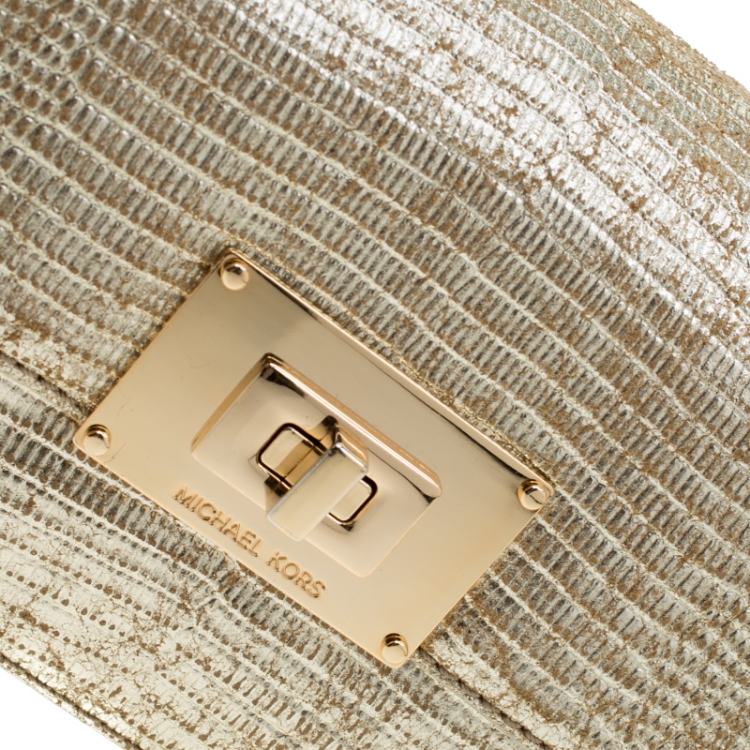 Pre Owned MICHAEL Michael Kors Metallic Gold Lizard Embossed Leather Turnlock Crossbody Bag
