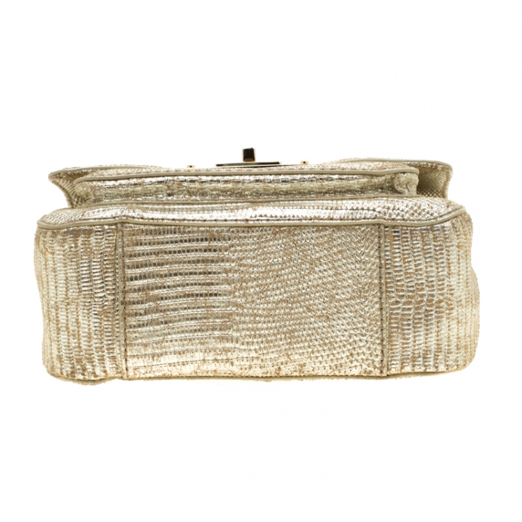 Pre Owned MICHAEL Michael Kors Metallic Gold Lizard Embossed Leather Turnlock Crossbody Bag