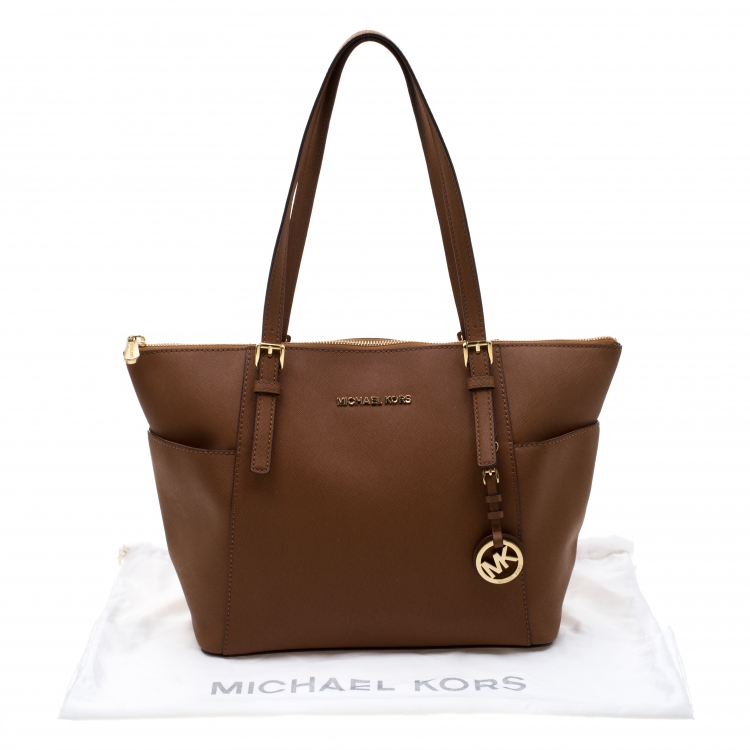 Pre Owned Michael Kors Tan Saffiano Leather Jet Set Zip Tote