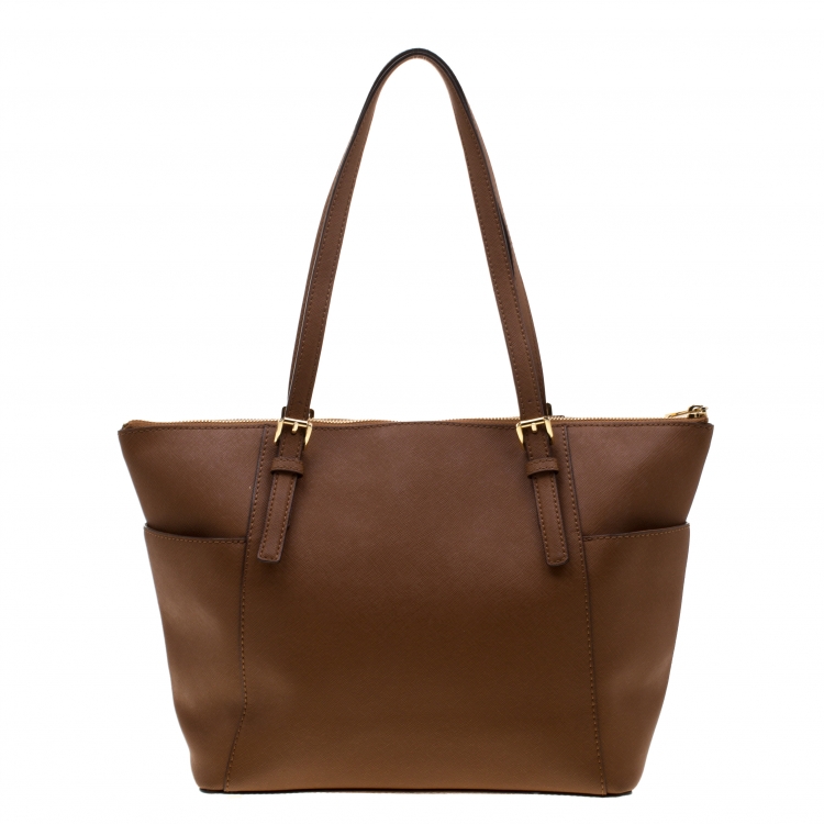 Pre Owned Michael Kors Tan Saffiano Leather Jet Set Zip Tote