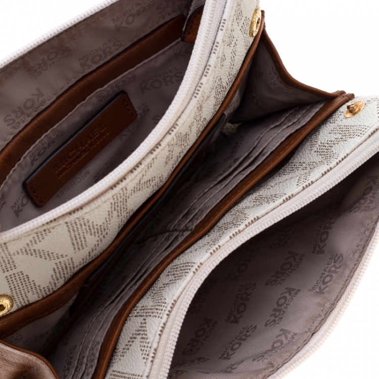 Pre Owned MICHAEL Michael Kors White/Brown PVC and Leather Large Fulton Crossbody Bag
