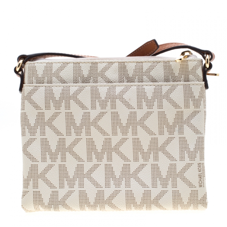 Pre Owned MICHAEL Michael Kors White/Brown PVC and Leather Large Fulton Crossbody Bag