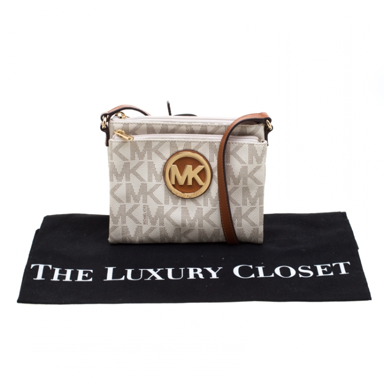 Pre Owned MICHAEL Michael Kors White/Brown PVC and Leather Large Fulton Crossbody Bag