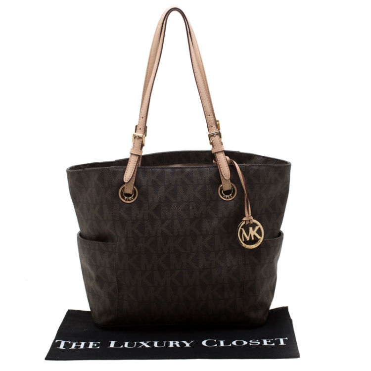 Pre Owned MICHAEL Michael Kors Dark Brown Signature Coated Canvas Side Pocket Tote 