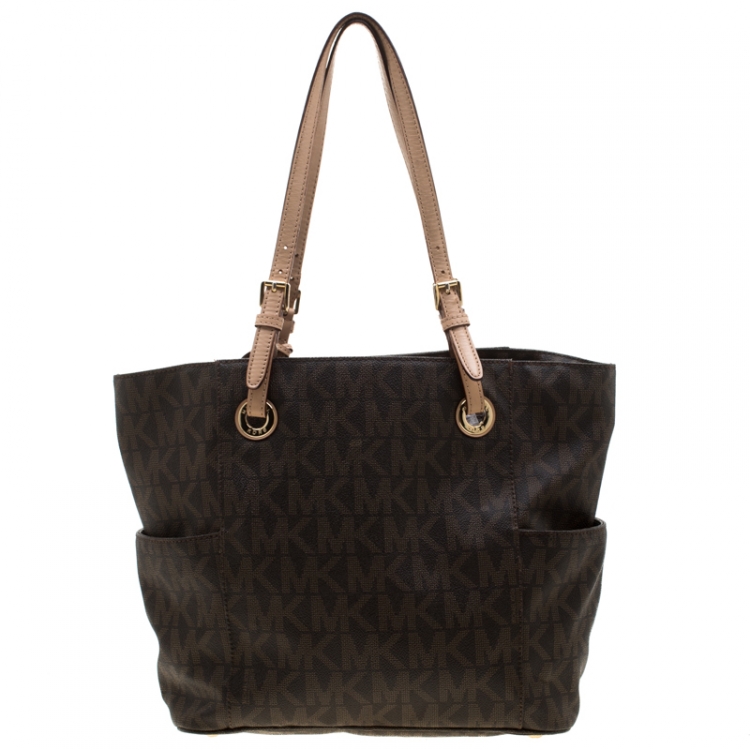 Pre Owned MICHAEL Michael Kors Dark Brown Signature Coated Canvas Side Pocket Tote 