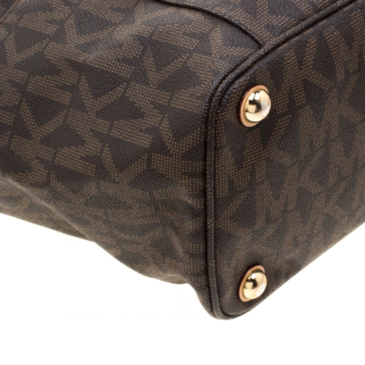 Pre Owned MICHAEL Michael Kors Dark Brown Signature Coated Canvas Side Pocket Tote 