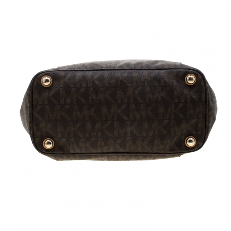 Pre Owned MICHAEL Michael Kors Dark Brown Signature Coated Canvas Side Pocket Tote 
