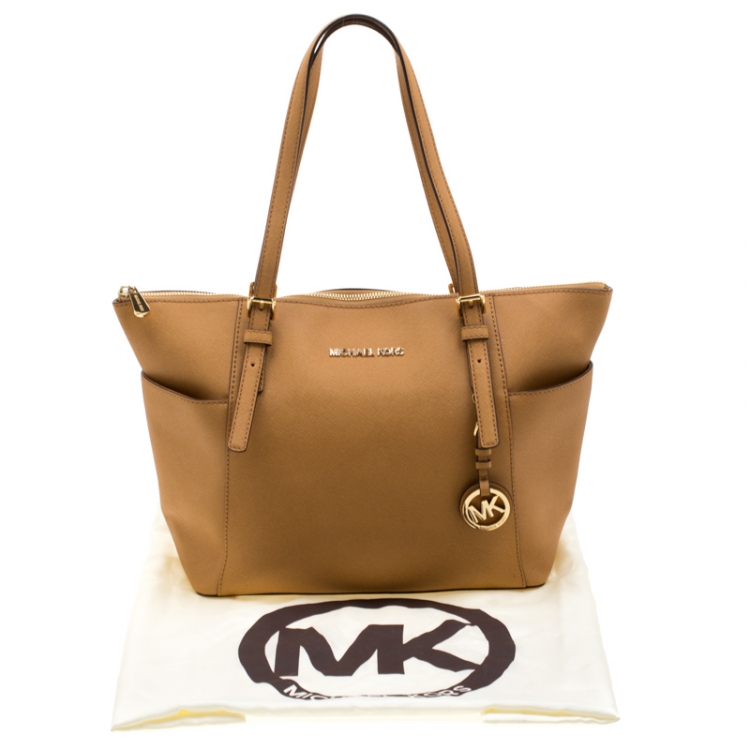 Pre Owned Michael Michael Kors Tan Saffiano Leather Top Zip Jet Set Tote