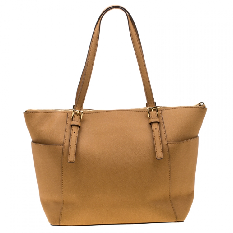 Pre Owned Michael Michael Kors Tan Saffiano Leather Top Zip Jet Set Tote