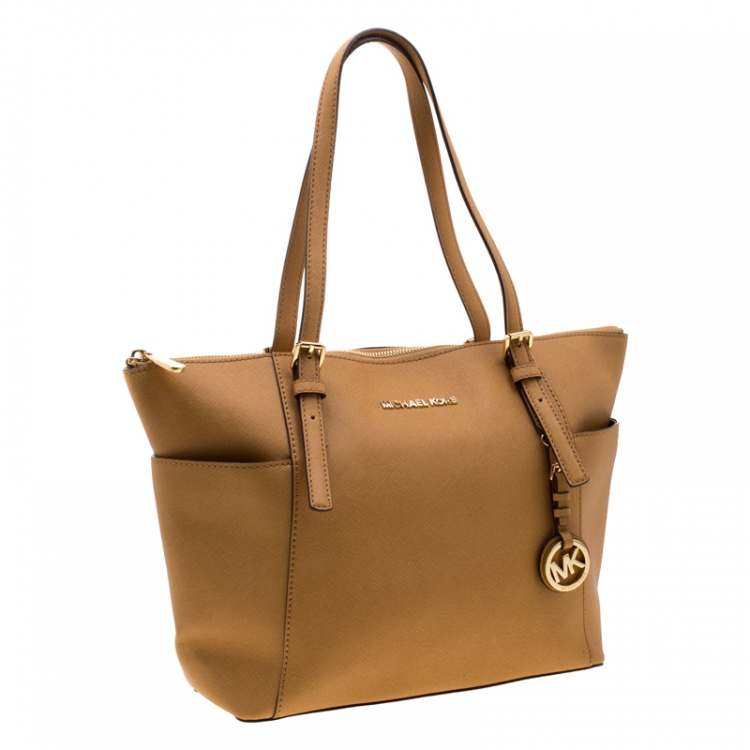 Pre Owned Michael Michael Kors Tan Saffiano Leather Top Zip Jet Set Tote