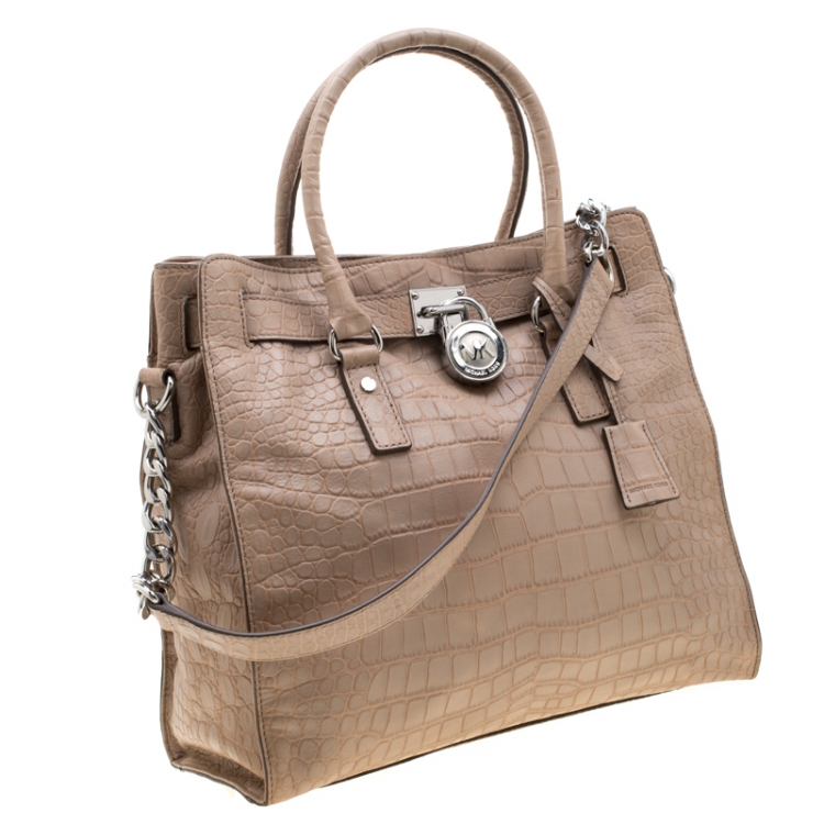 Pre Owned Michael Kors Beige Crocodile Embossed Leather Hamilton Tote