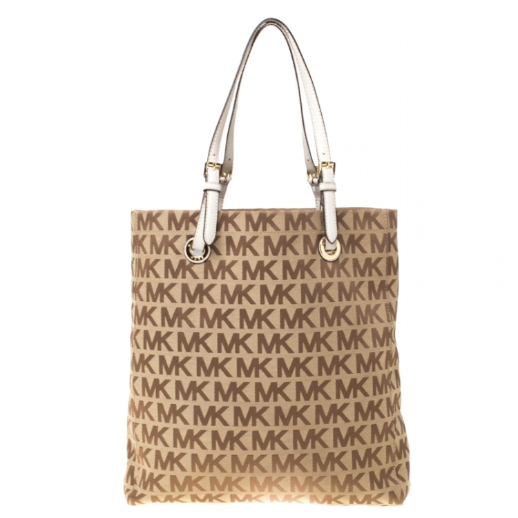 Pre Owned MICHAEL Michael Kors Beige/Brown Signature Canvas Large Jet Set Tote